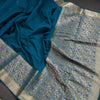 Silk Cotton Peacock Blue Plain Saree With Paithani Border