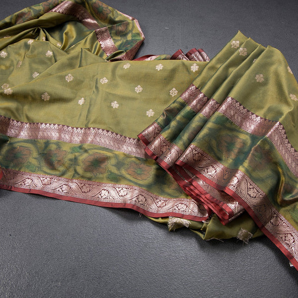 Semi Kataan Olive Green Saree With Zari Buttas