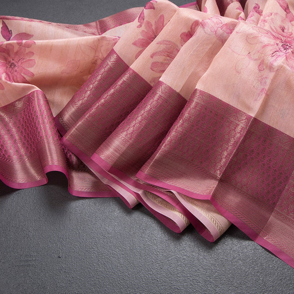 Semi Tussar Light Peach Floral Printed Saree