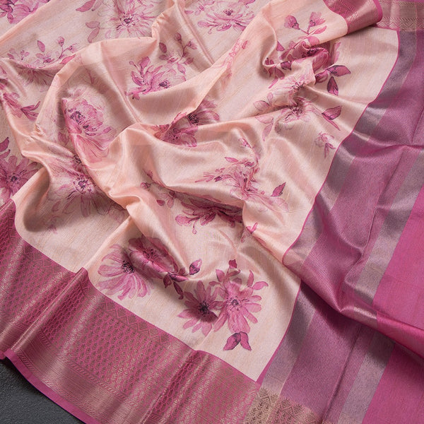Semi Tussar Light Peach Floral Printed Saree