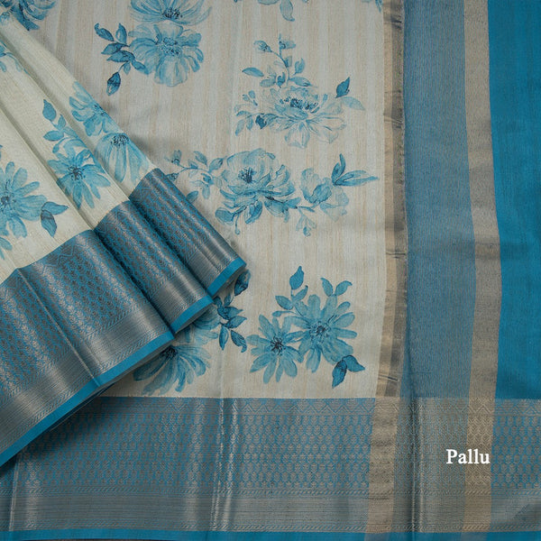 Semi Tussar Very Light Blue Floral Printed Saree