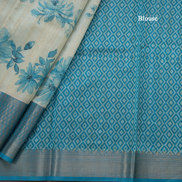Semi Tussar Very Light Blue Floral Printed Saree
