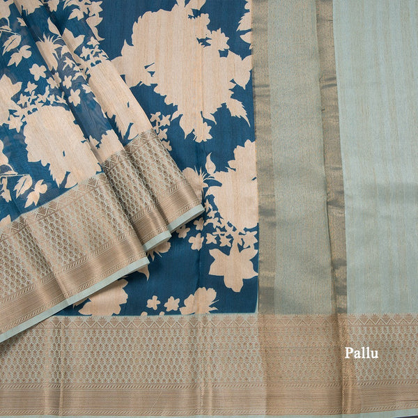 Semi Tussar Peacock Blue Floral Printed Saree