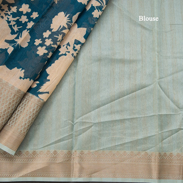 Semi Tussar Peacock Blue Floral Printed Saree