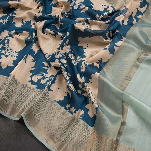 Semi Tussar Peacock Blue Floral Printed Saree