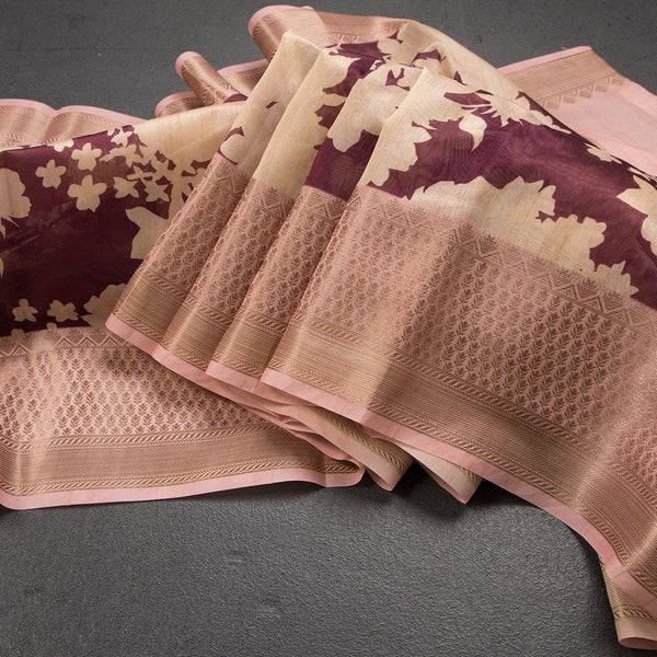 Semi Tussar Wine Floral Printed Saree