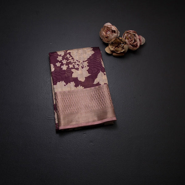 Semi Tussar Wine Floral Printed Saree