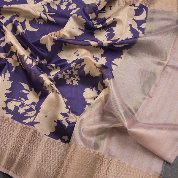 Semi Tussar Dark Purple Floral Printed Saree
