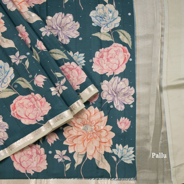 Semi Kataan Teal Green Floral Printed Saree