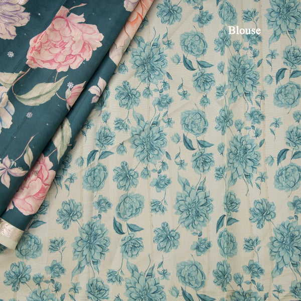 Semi Kataan Teal Green Floral Printed Saree