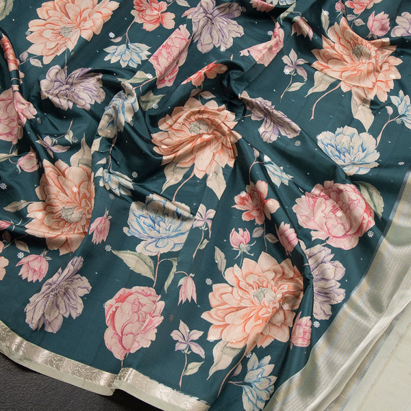 Semi Kataan Teal Green Floral Printed Saree