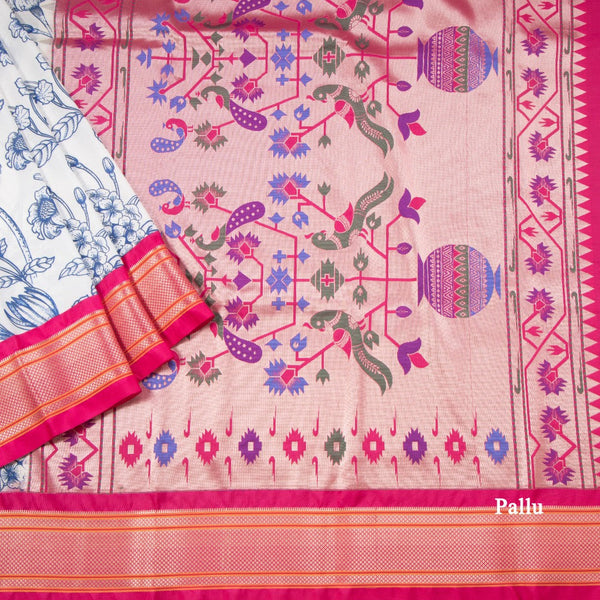 Semi Kataan White Floral Printed Saree With Paithani Border