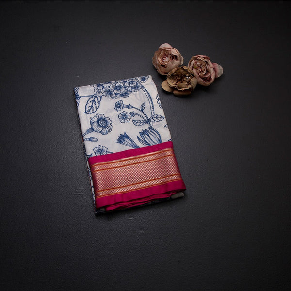 Semi Kataan White Floral Printed Saree With Paithani Border