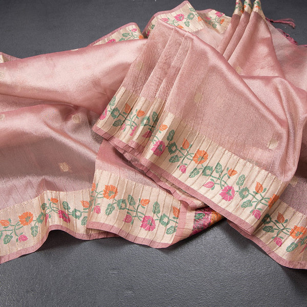 Tissue Onion Pink Saree With Zari Buttas