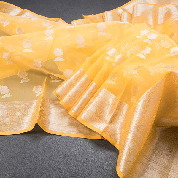 Organza Mango Yellow Floral Zari Worked Saree