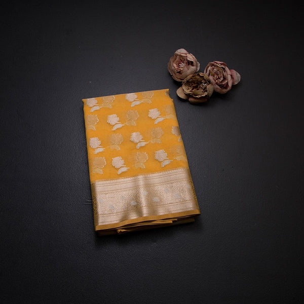 Organza Mango Yellow Floral Zari Worked Saree