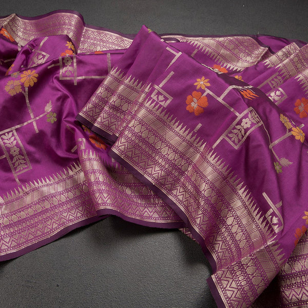 Semi Kataan Magenta Purple Zari Worked Saree