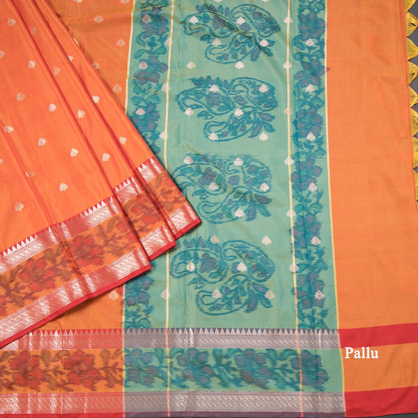 Semi Kataan Fanta Orange Saree With Zari Buttas