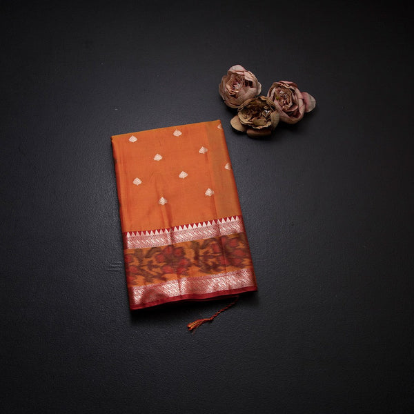 Semi Kataan Fanta Orange Saree With Zari Buttas