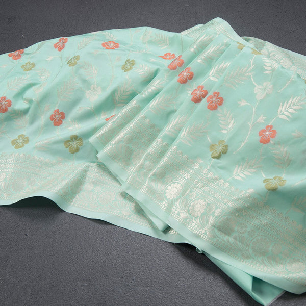 Semi Kataan Turquoise Zari Worked Saree