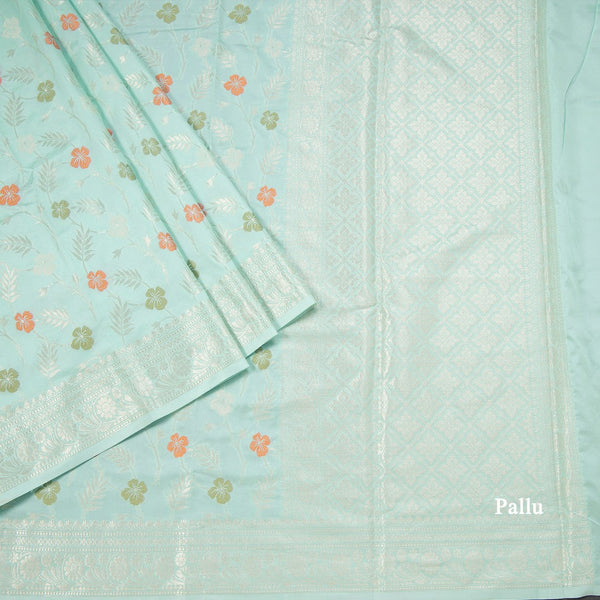 Semi Kataan Turquoise Zari Worked Saree
