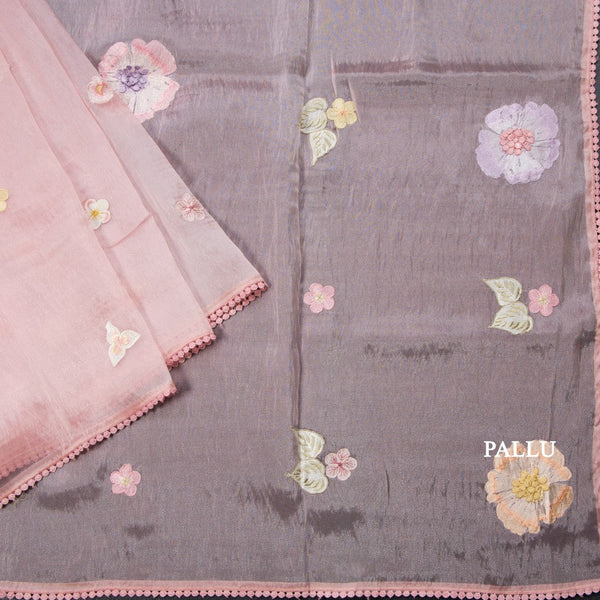 Soft Tissue Rose Pink Floral Thread Work Saree