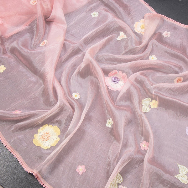 Soft Tissue Rose Pink Floral Thread Work Saree