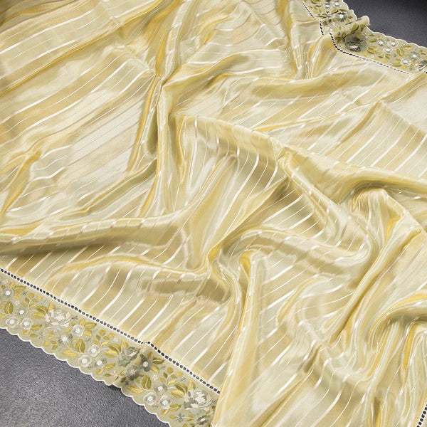 Tissue Pista Green Zari Stripes With Thread Border Saree