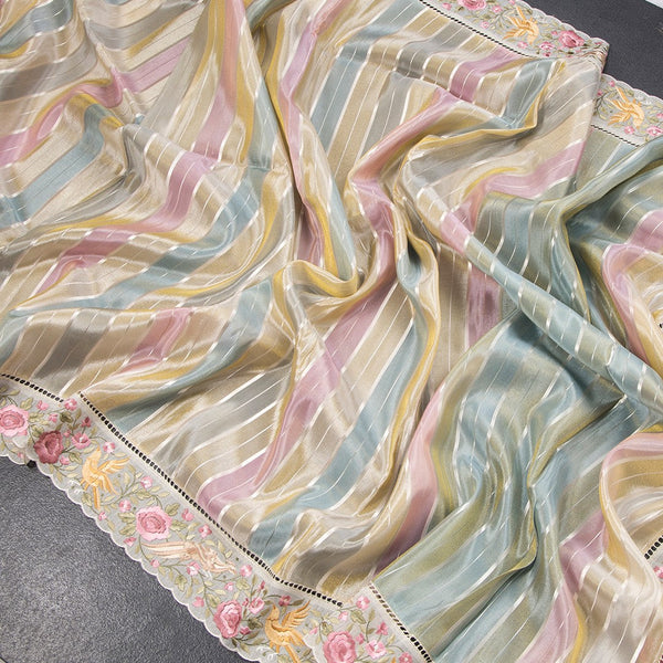 Tissue Multi Colour Zari Stripes With Thread Border Saree 04
