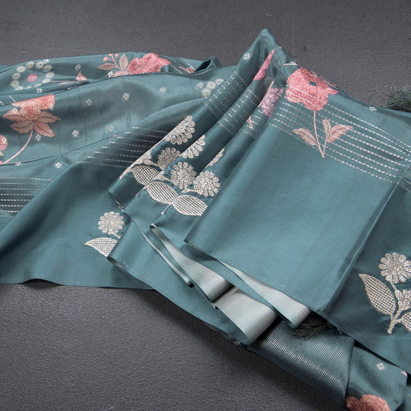 Satin Silk Sage Green Floral Printed With Thread Work Saree