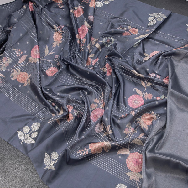 Satin Silk Grey Floral Printed With Thread Work Saree