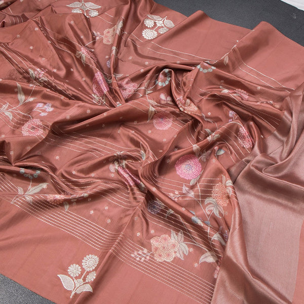 Satin Silk Burnt Umber Brown Floral Printed With Thread Work Saree