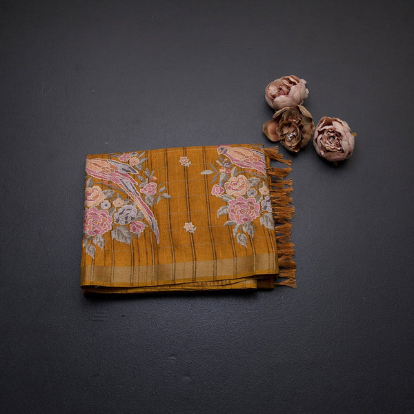 Raw Silk Mango Yellow Zari Checks With Thread Work Saree