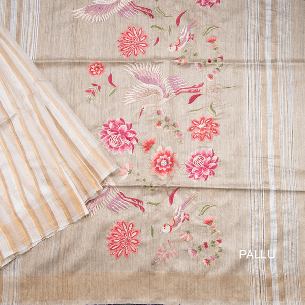 Raw Silk Cream Stripes With Thread Work Saree