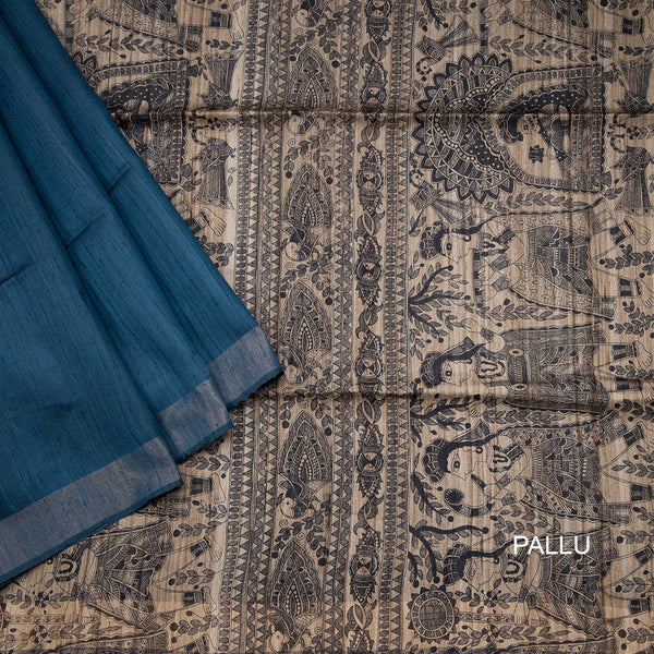 Raw Silk Dark Peacock Blue Plain With Printed Work Saree