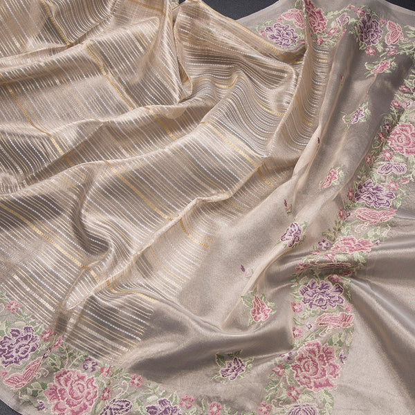 Tissue Banarasi Cream Stripes Saree With Thread Work Border