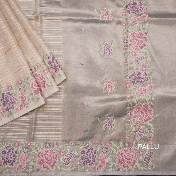 Tissue Banarasi Cream Stripes Saree With Thread Work Border