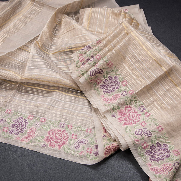 Tissue Banarasi Cream Stripes Saree With Thread Work Border