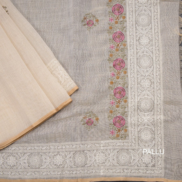 Linen Cream Floral Thread Work Saree