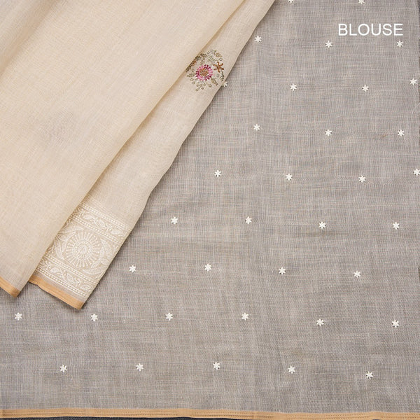 Linen Cream Floral Thread Work Saree