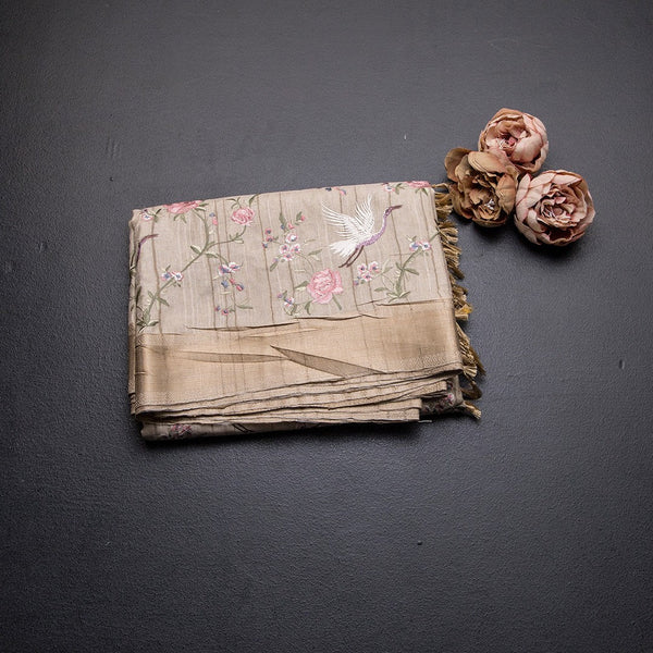 Raw Silk Cream Floral With Birds Thread Work Saree