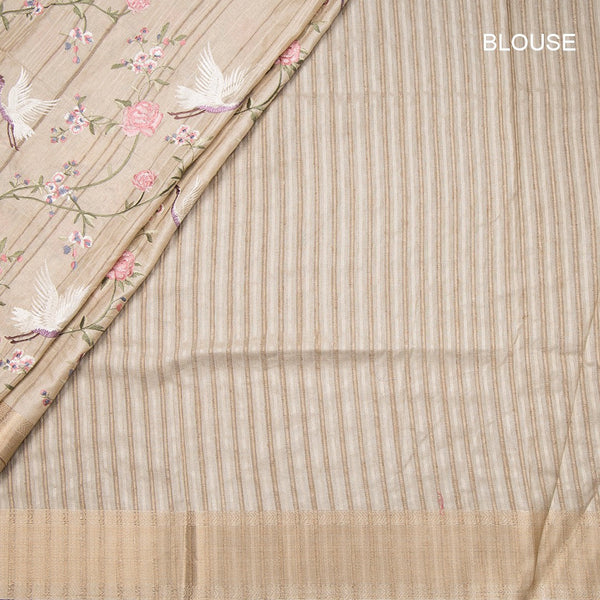 Raw Silk Cream Floral With Birds Thread Work Saree