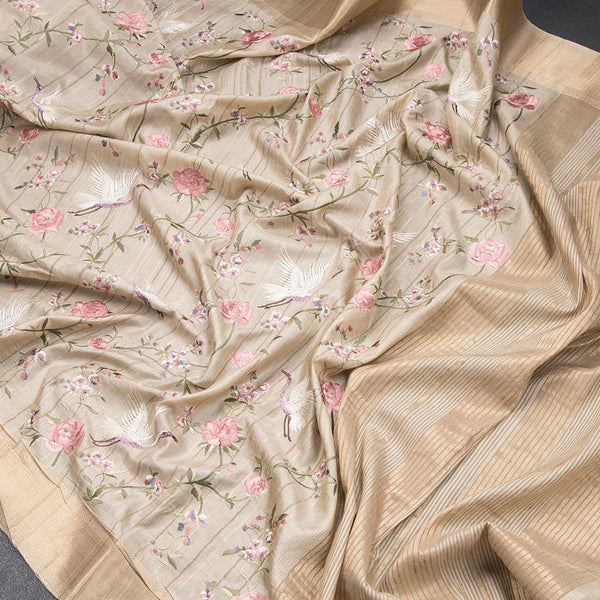 Raw Silk Cream Floral With Birds Thread Work Saree