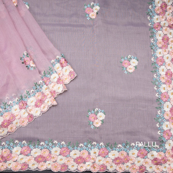 Linen Lilac Purple Floral Thread Work Saree