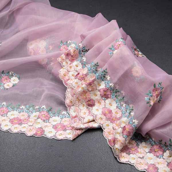 Linen Lilac Purple Floral Thread Work Saree