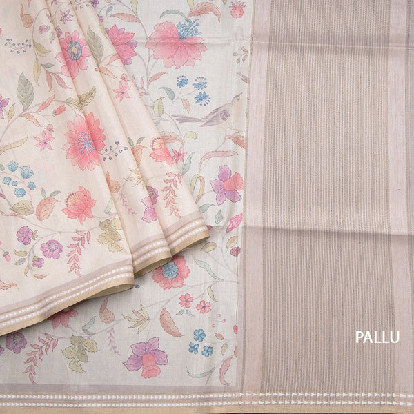 Tussar Cream Floral Printed Saree 02