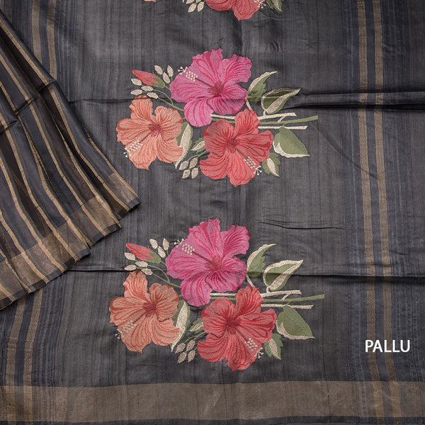 Raw Silks Black Stripes With Thread Work Saree