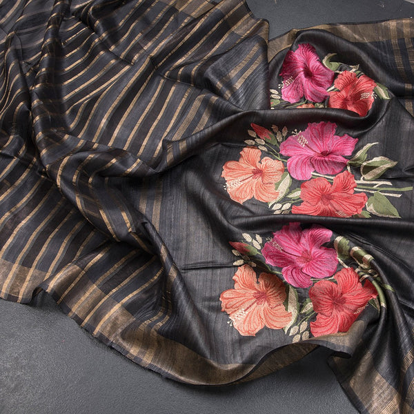 Raw Silks Black Stripes With Thread Work Saree - Kumaran Silks