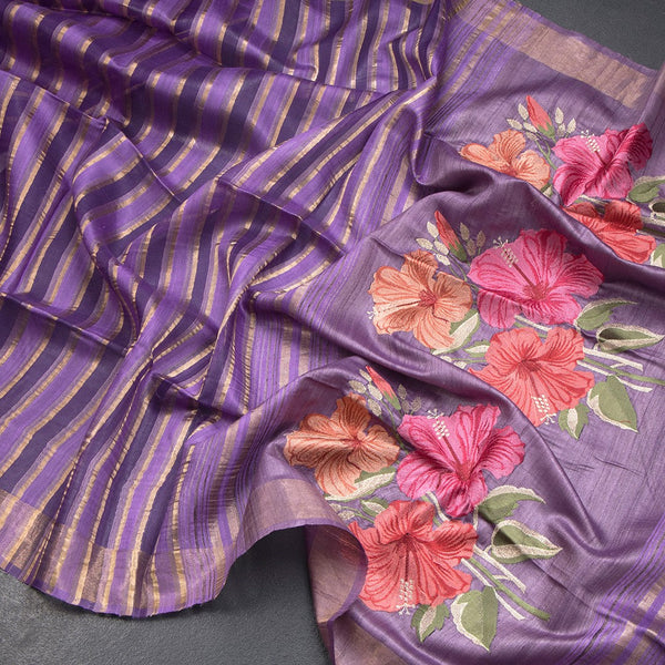 Raw Silks Purple Stripes With Thread Work Saree - Kumaran Silks