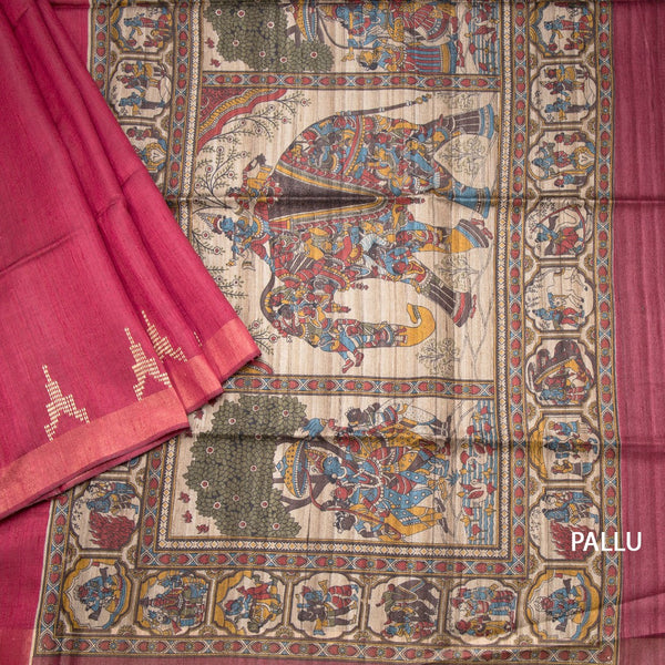 Raw Silks Maroon Kalamkari Handloom Printed Saree